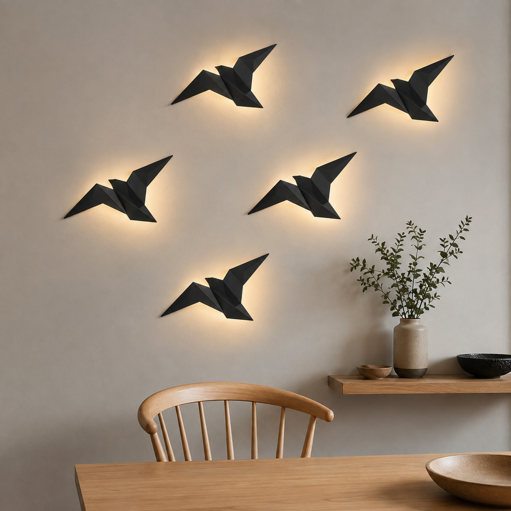 Five black origami bird LED wall sconces arranged as a glowing flock