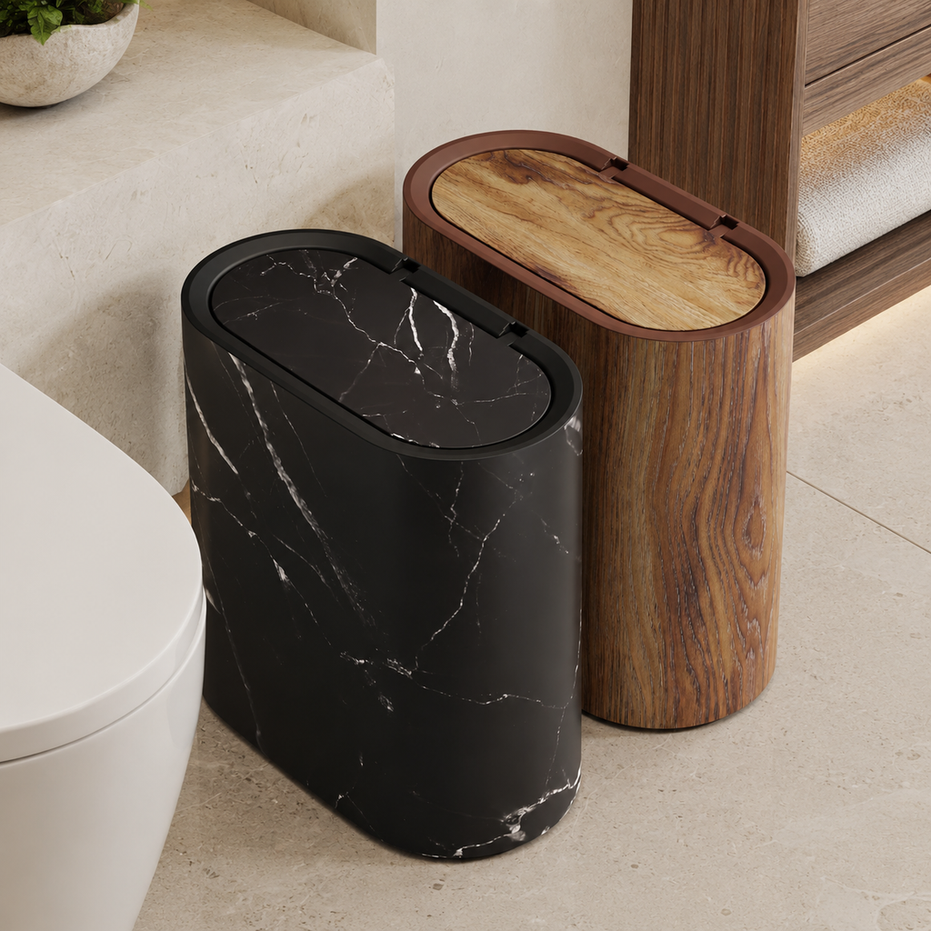 Black marble and wood grain oval trash cans beside a modern bathroom vanity