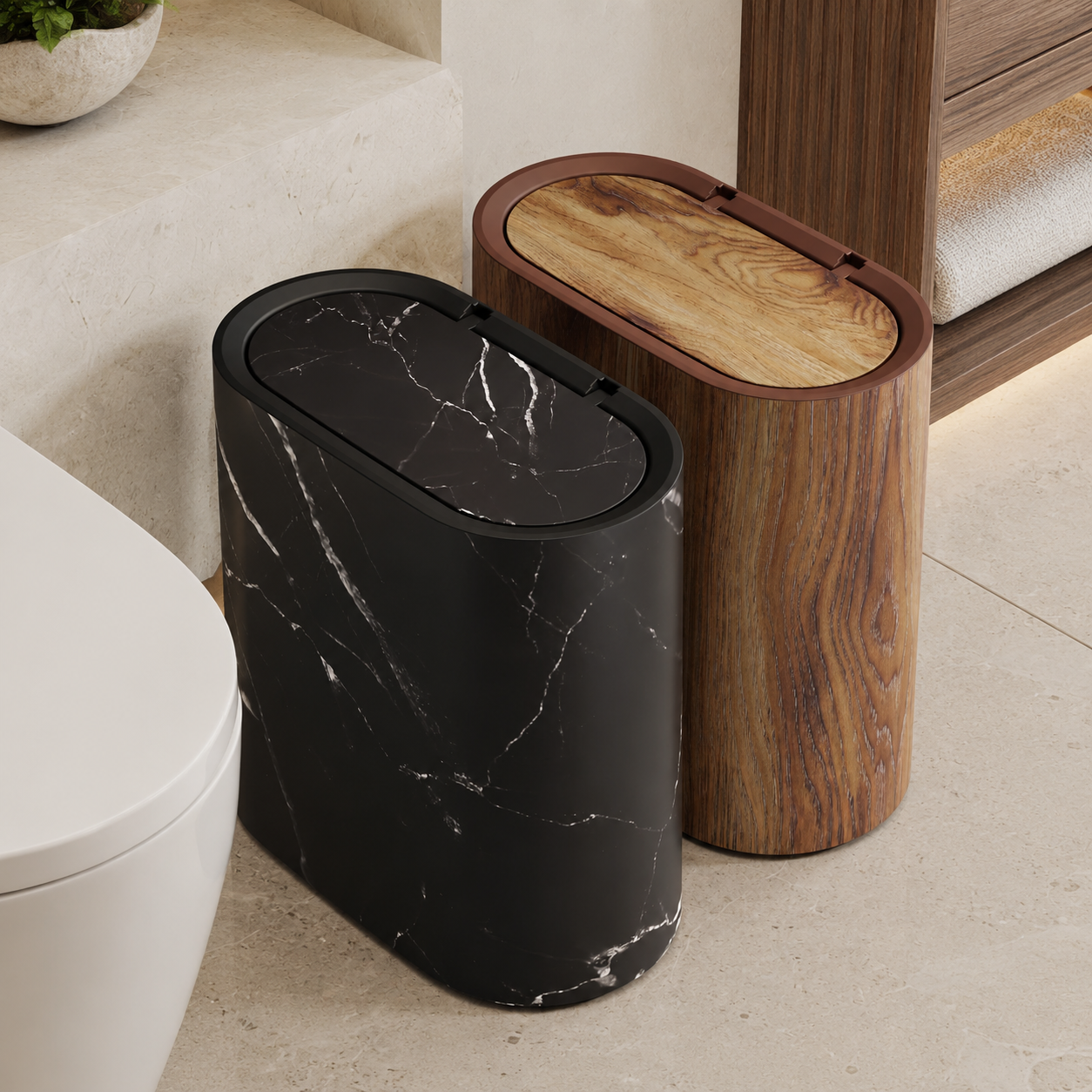 Black marble and wood grain oval trash cans beside a modern bathroom vanity