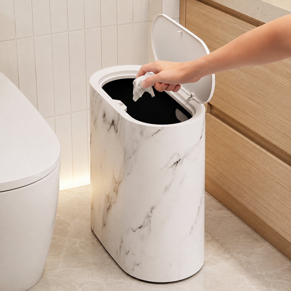 Hand placing tissue into an open cream marble oval trash can