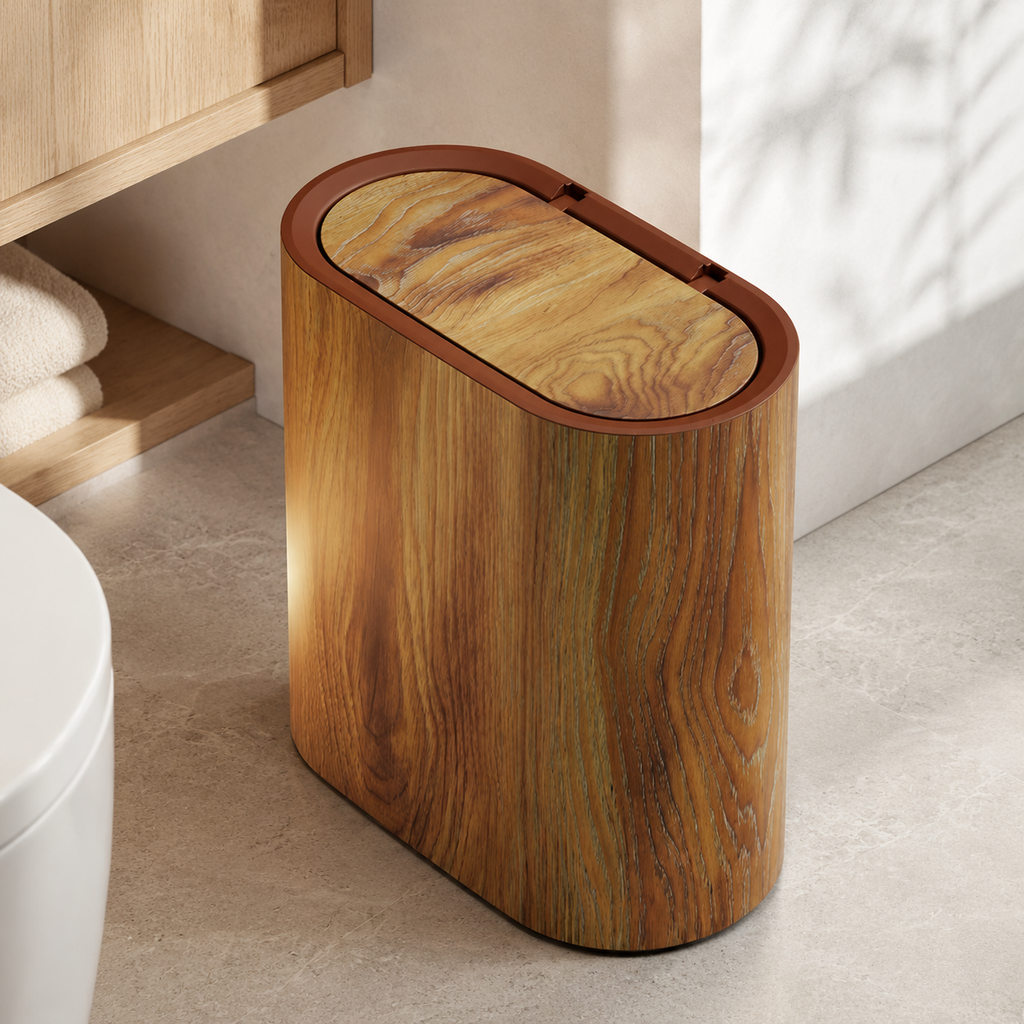 Wood grain oval trash can beside light oak bathroom shelving