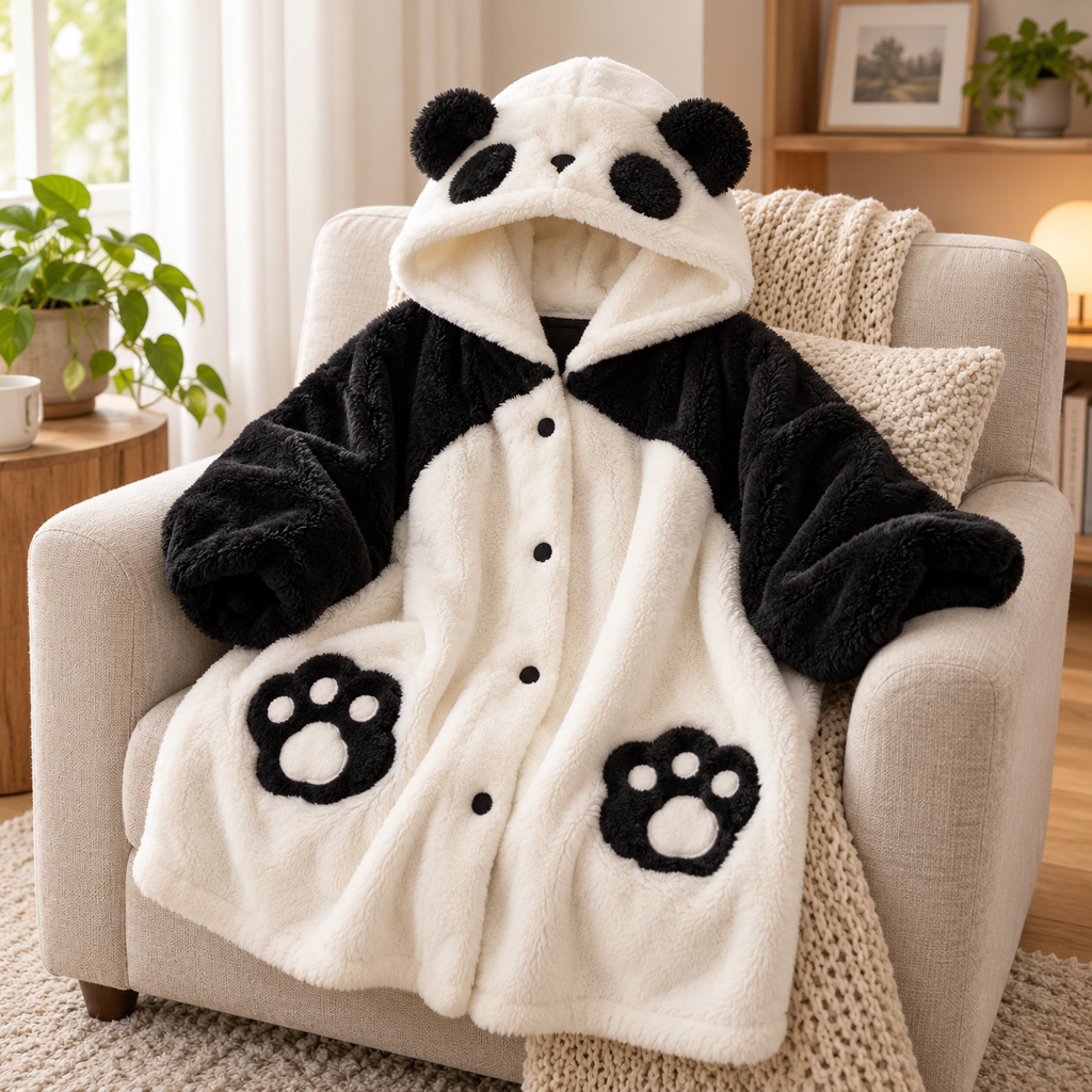 Panda wearable blanket hoodie displayed on an armchair
