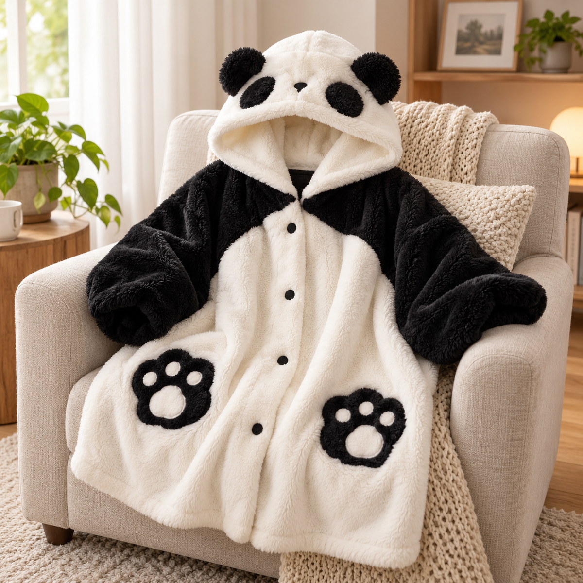 Panda wearable blanket hoodie displayed on an armchair