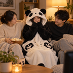 Panda wearable blanket hoodie during family movie night
