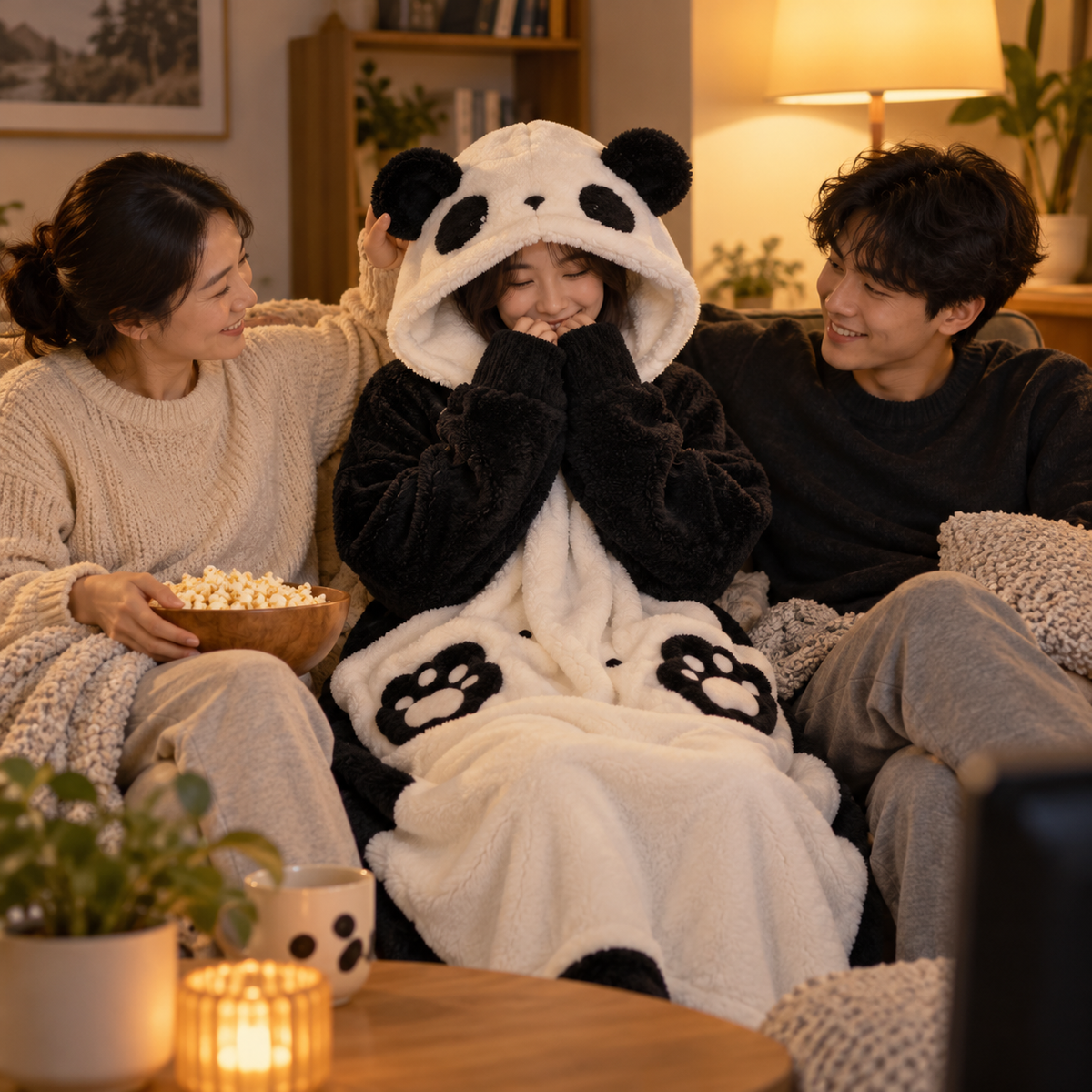 Panda wearable blanket hoodie during family movie night