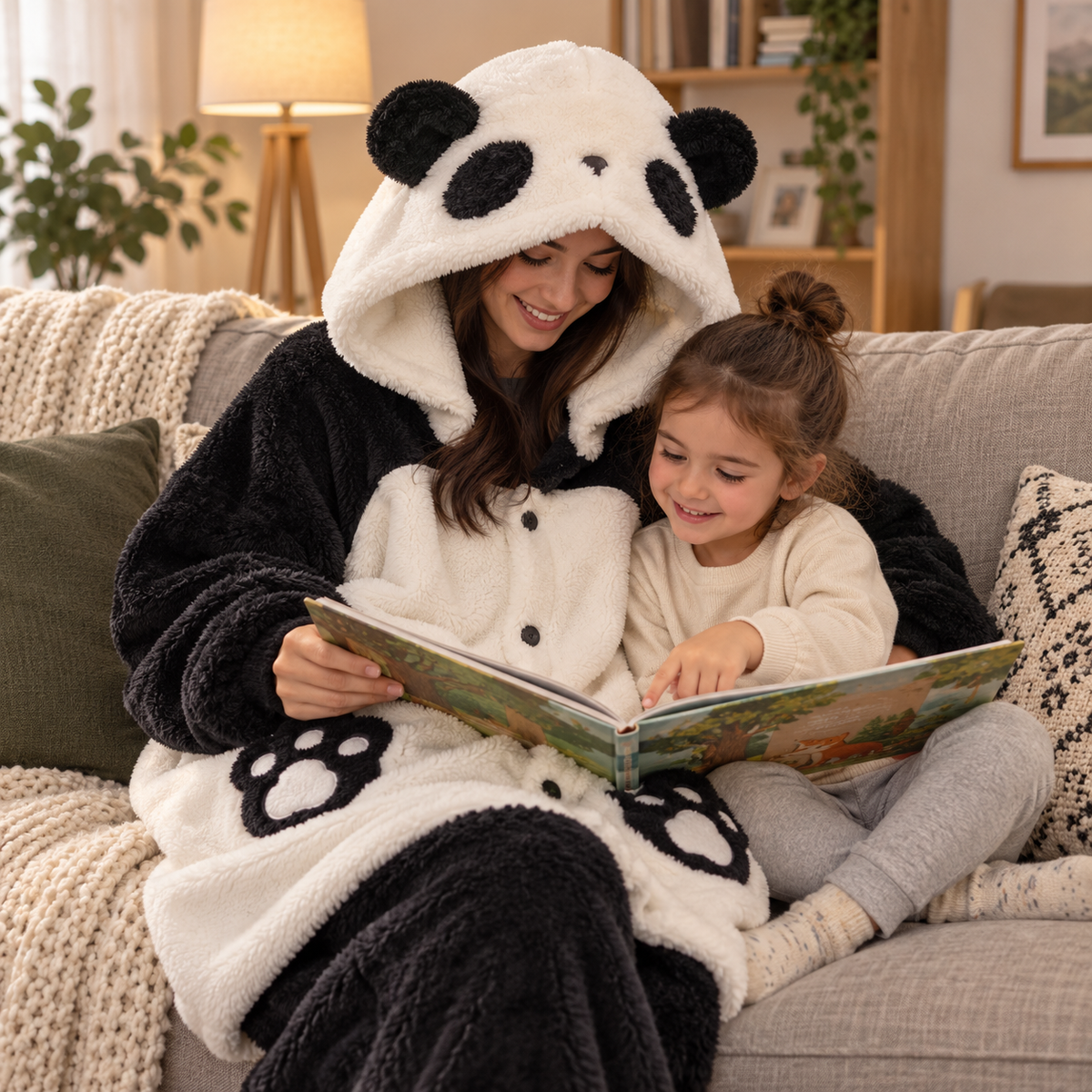 Panda wearable blanket hoodie during family story time