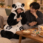 Panda wearable blanket hoodie during a game night at home