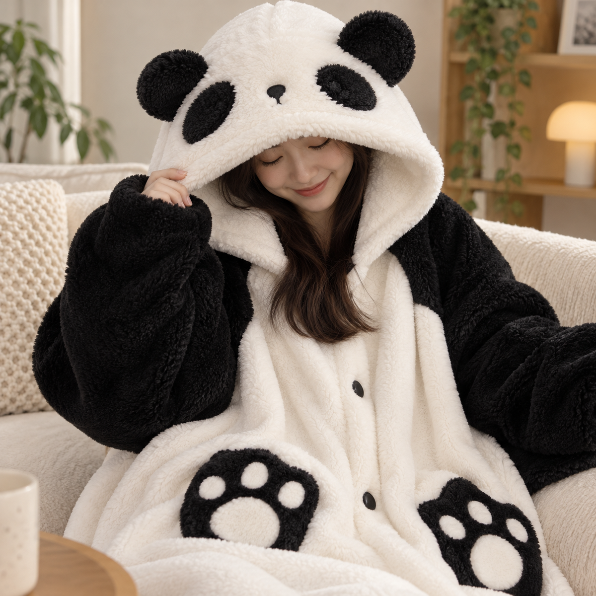 Close-up of panda hood and plush fabric details