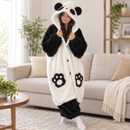 Panda wearable blanket hoodie shown standing in a living room