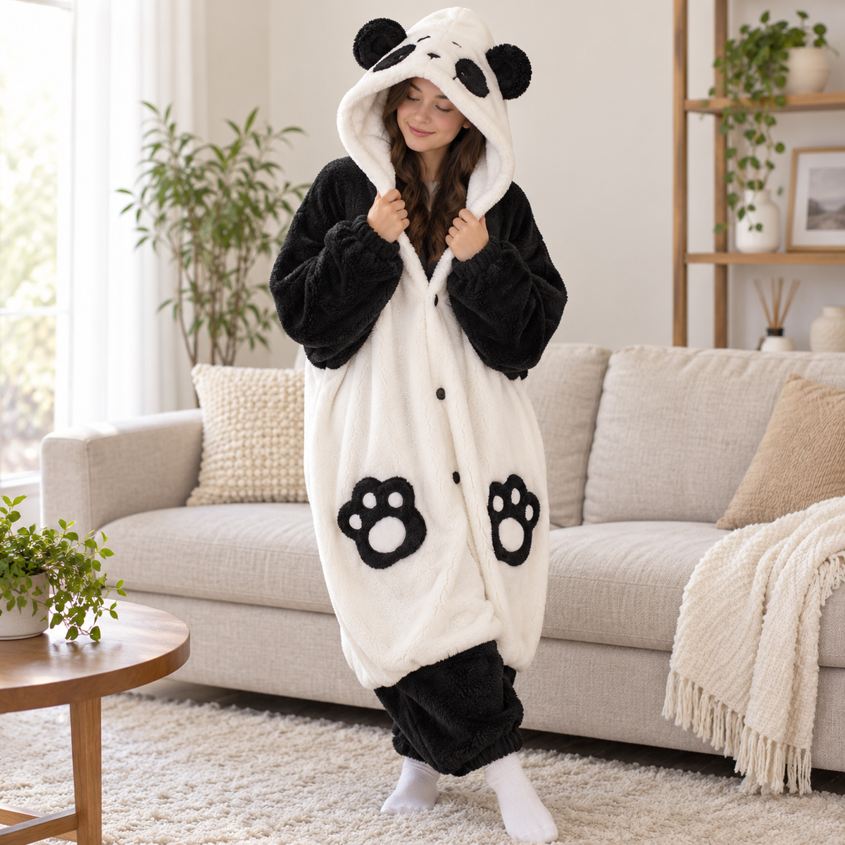 Panda wearable blanket hoodie shown standing in a living room