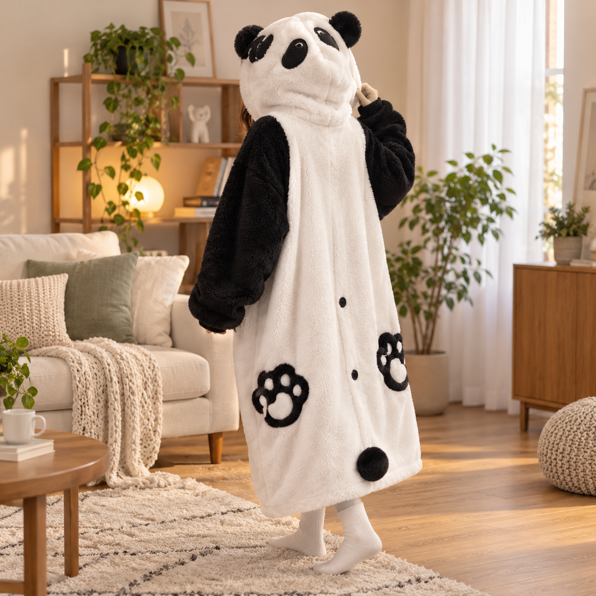 Panda wearable blanket hoodie in a living room three-quarter view