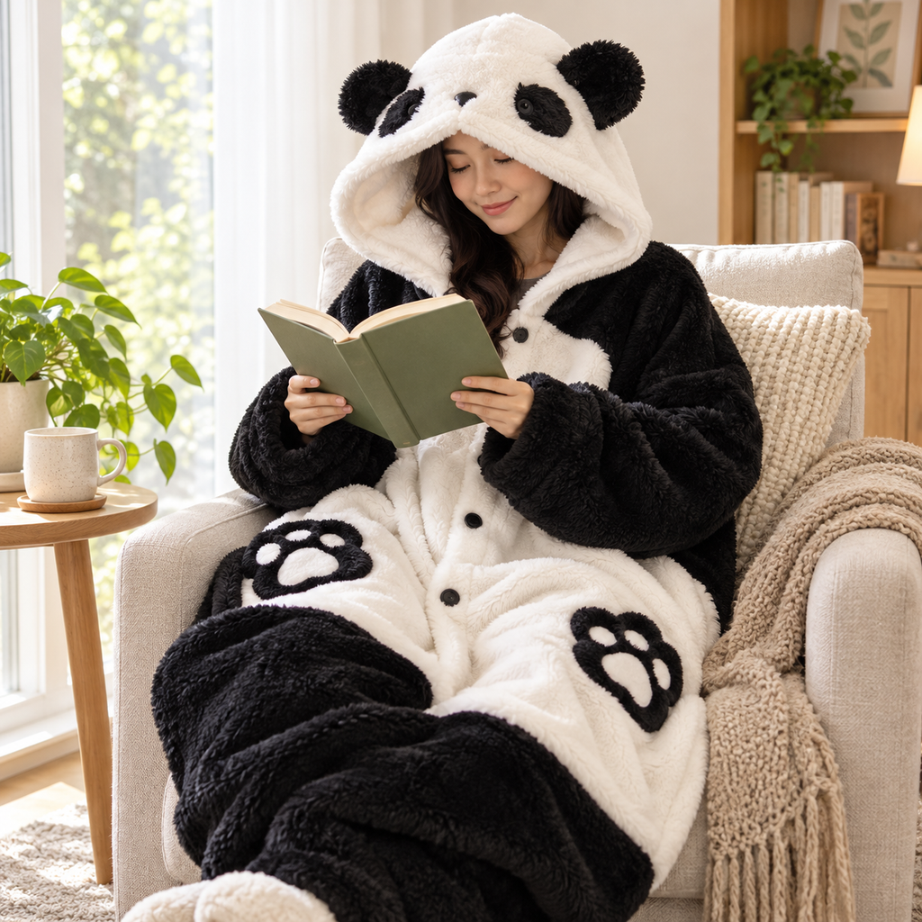 Panda wearable blanket hoodie worn while reading at home