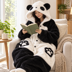 Panda wearable blanket hoodie worn while reading at home