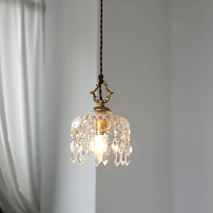 Pendant Light with decorative floral crystal shade, copper, clear and gold, gallery view 6
