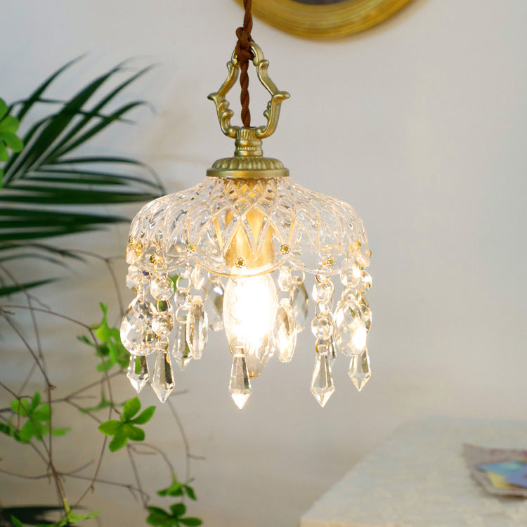 Pendant Light with decorative floral crystal shade, copper, clear and gold, gallery view 8