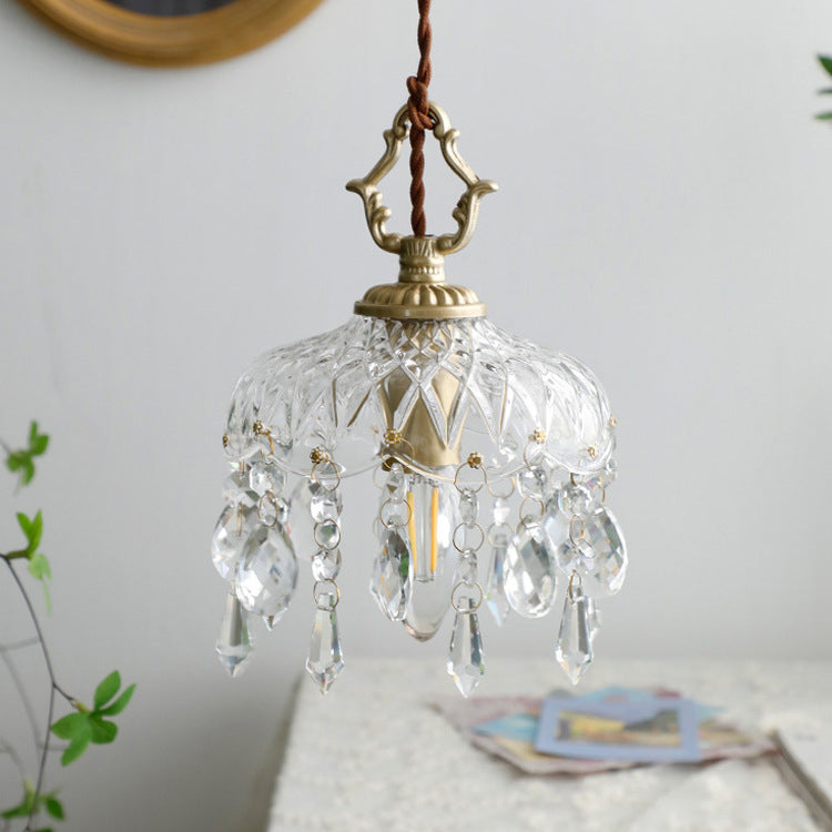 Pendant Light with decorative floral crystal shade, copper, clear and gold, gallery view 9