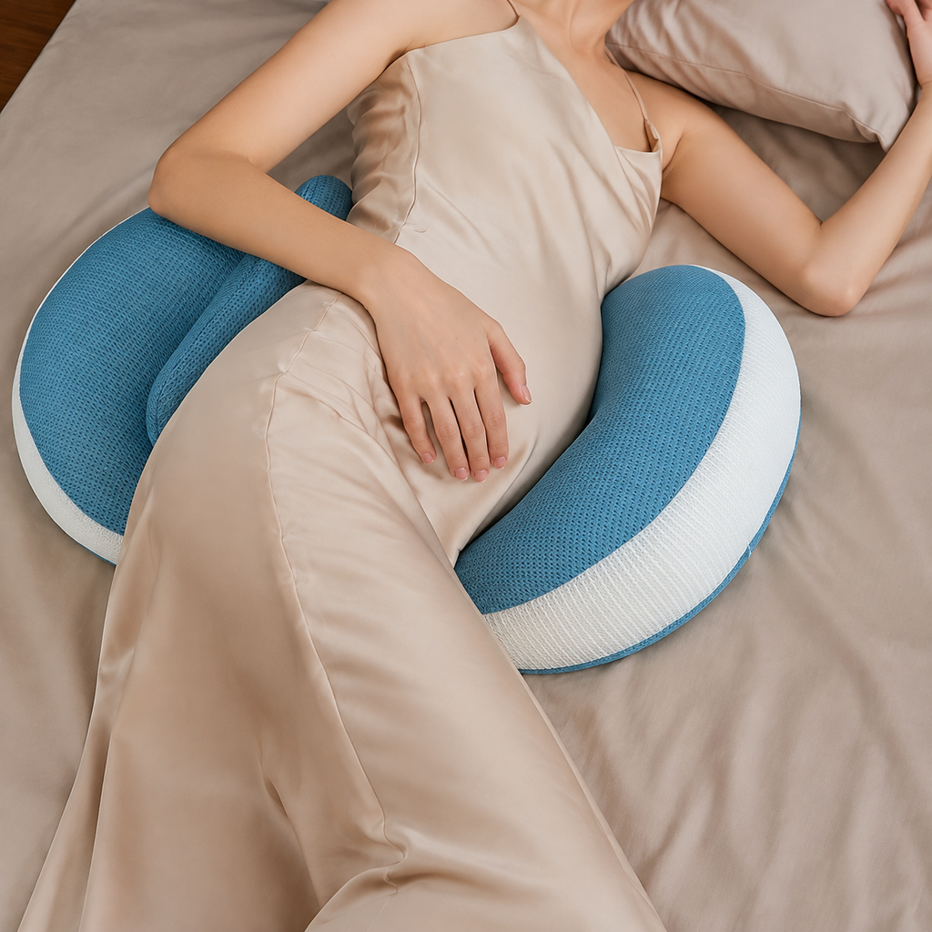 Blue pregnancy pillow positioned around a side sleeper on sand-colored bedding