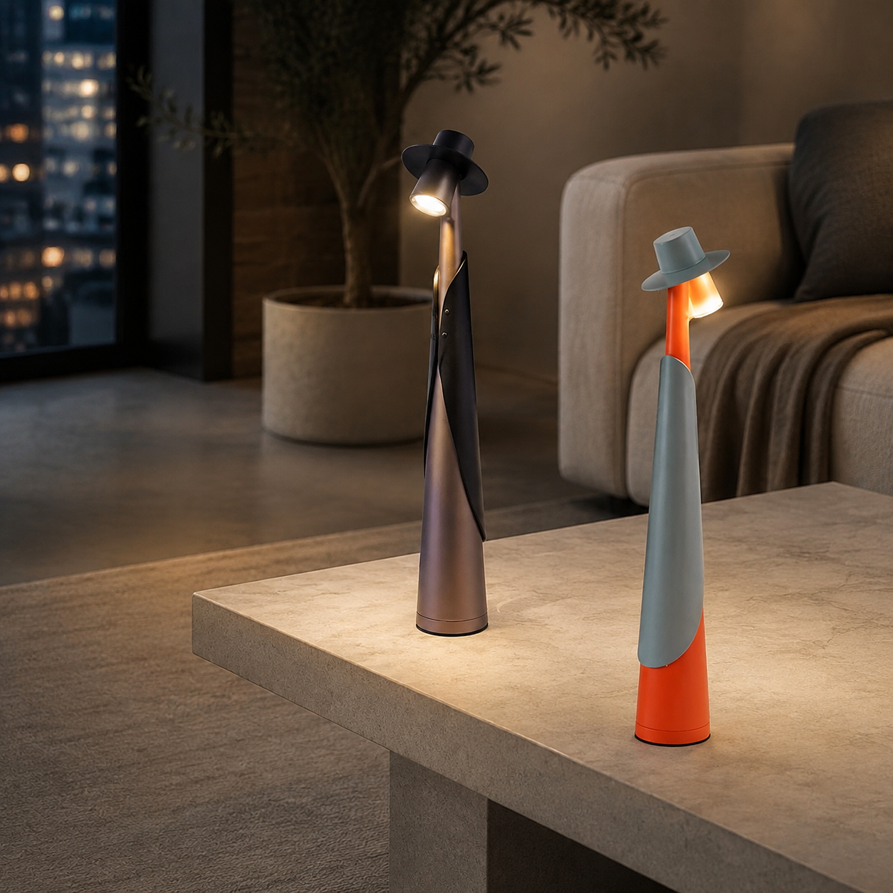 Two sculptural rechargeable LED hat lamps glowing on a stone coffee table.