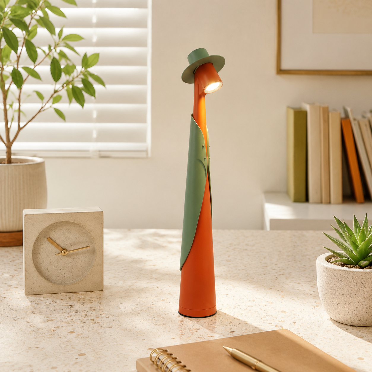 Orange and green rechargeable LED hat lamp in a warm home workspace.