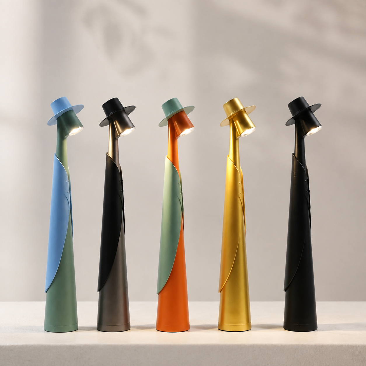 Five rechargeable LED hat lamps displayed together in their available colors.