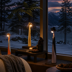 Two sculptural LED hat lamps glowing beside a snowy evening window.