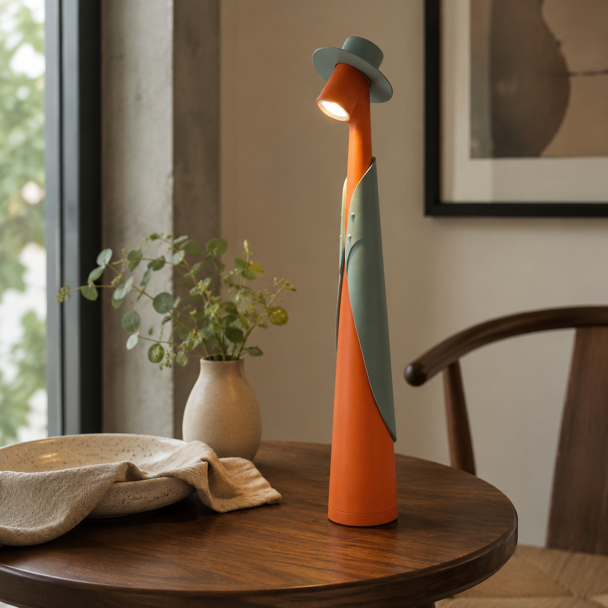 Orange and green rechargeable LED hat lamp on a round walnut side table.