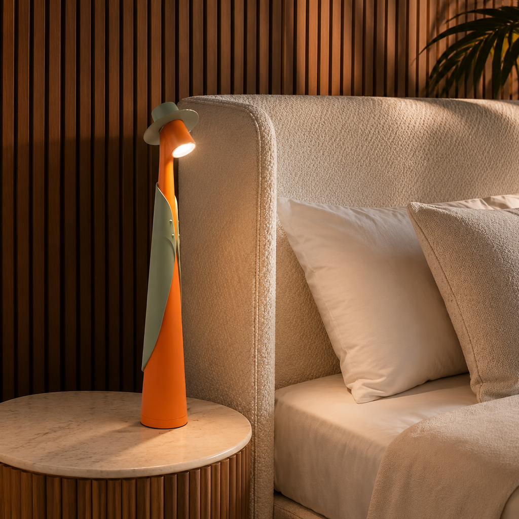 Orange and green rechargeable LED hat lamp glowing beside a modern bed.