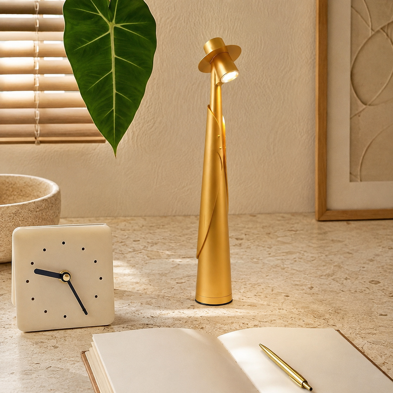Gold rechargeable LED hat lamp glowing beside a stone desk clock.