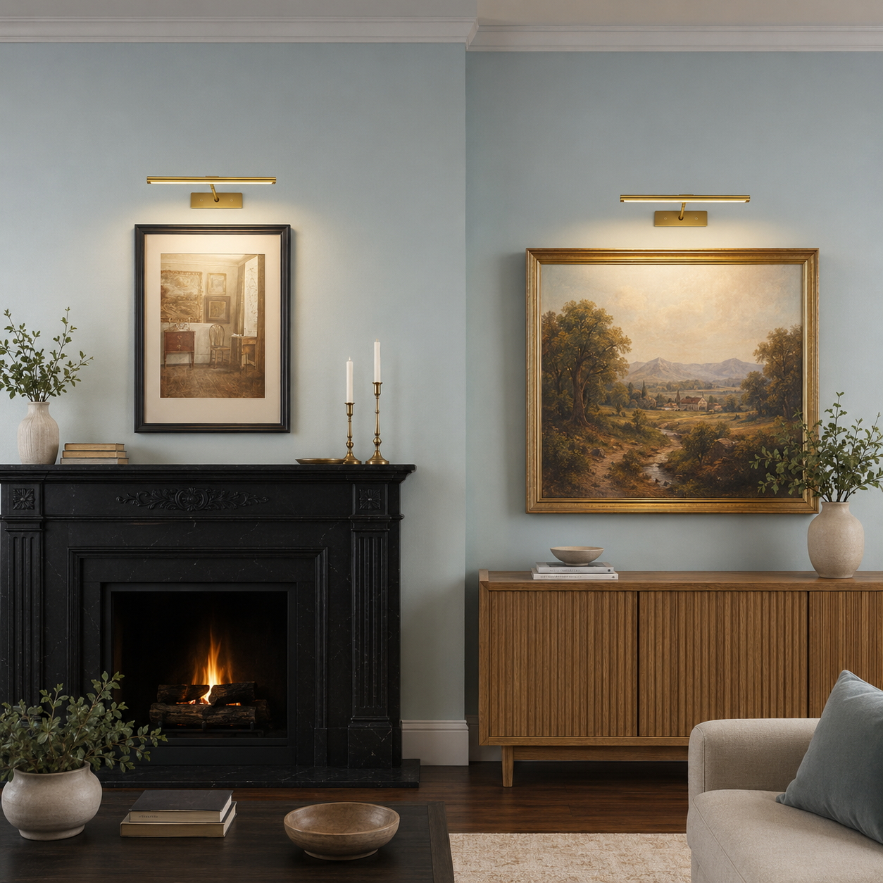 Two gold rechargeable picture lights above separate wall-art displays