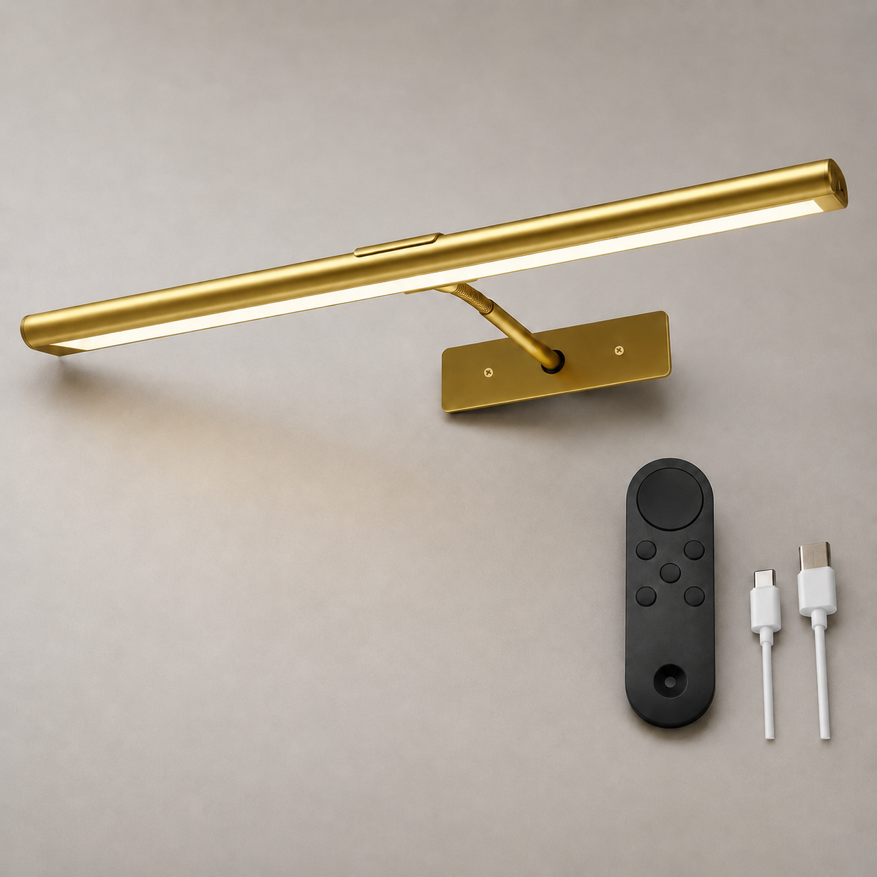 Gold rechargeable picture light with blank remote and two charging cables
