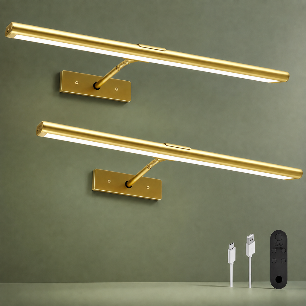 Two gold rechargeable picture lights with blank remote and charging cables