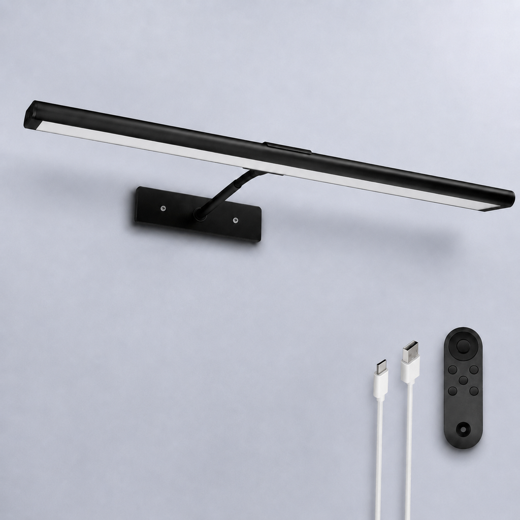 Black rechargeable picture light with blank remote and charging cables