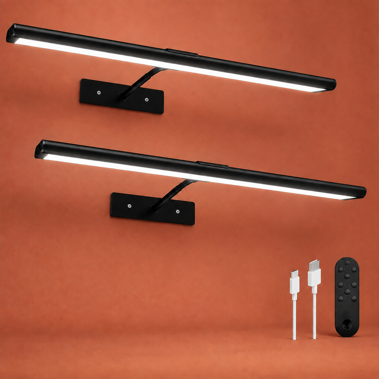 Two black rechargeable picture lights with blank remote and charging cables