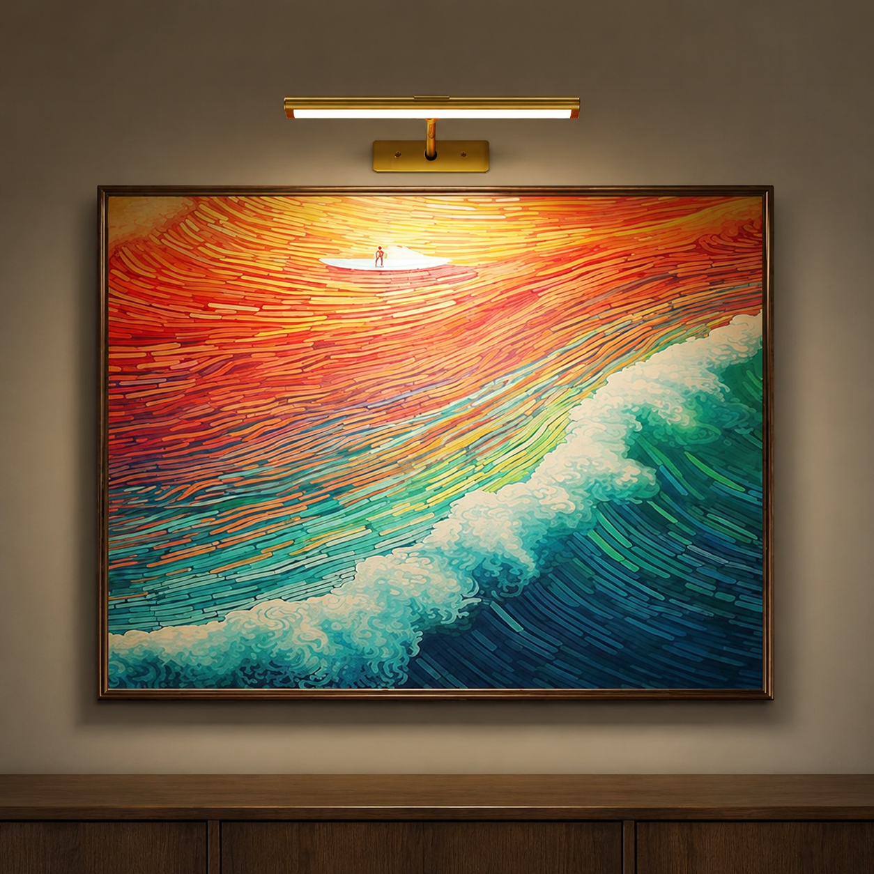 Gold rechargeable picture light illuminating a colorful ocean artwork
