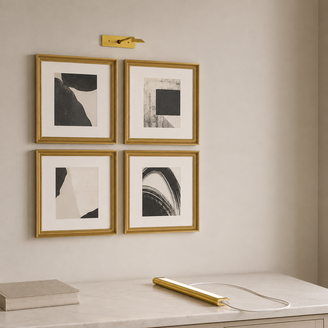 Gold rechargeable picture light charging on a quartz console beneath gallery art