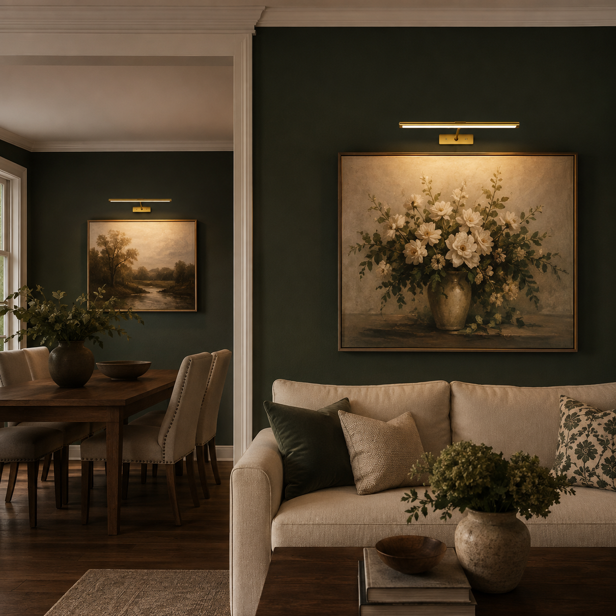 Two gold rechargeable picture lights illuminating art in a living and dining room