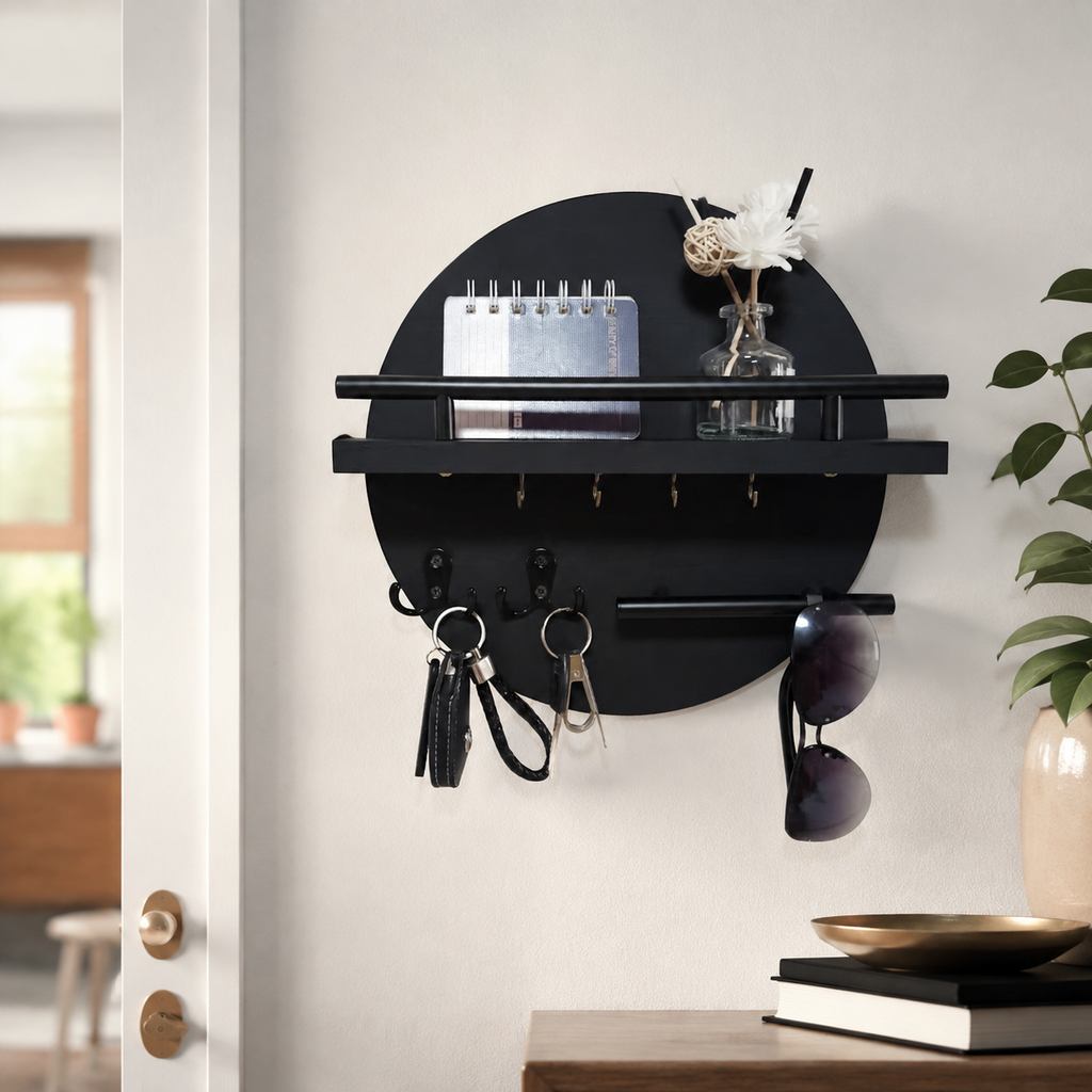 Black round wooden key holder with shelf and hooks on a bright entryway wall.
