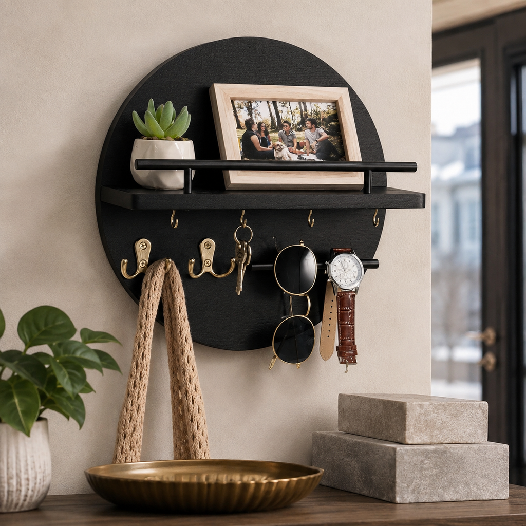Black and gold round wooden key holder displaying keys and small accessories.