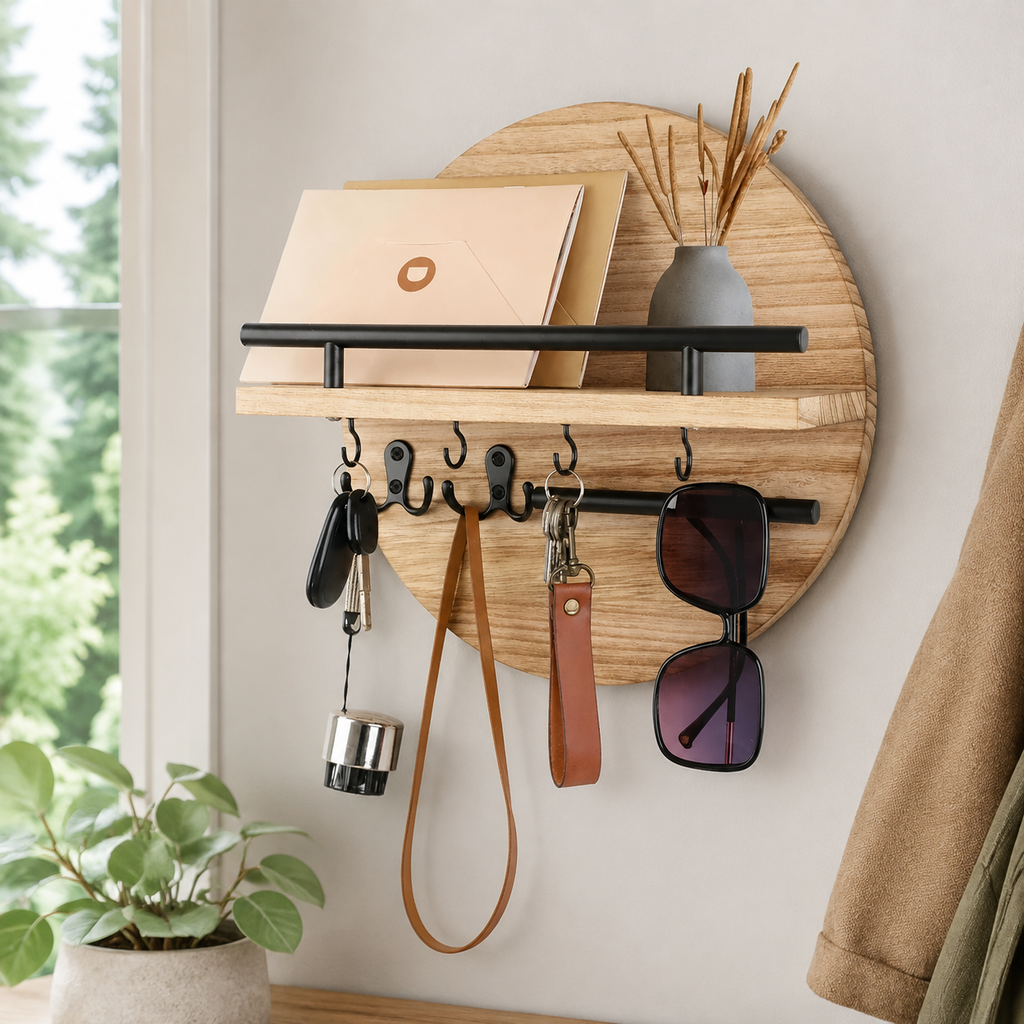 Natural beige and black round wooden key holder holding everyday entryway essentials.