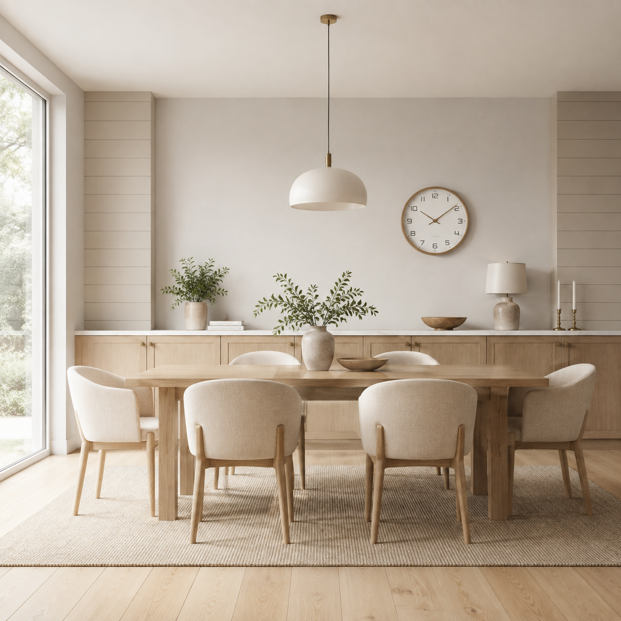 Minimalist wall clock displayed in a bright contemporary dining room