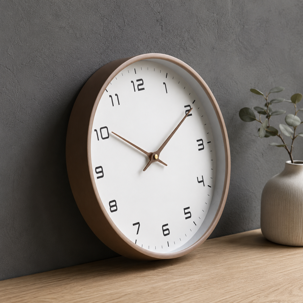Brown wood frame wall clock leaning against a charcoal wall on an oak console