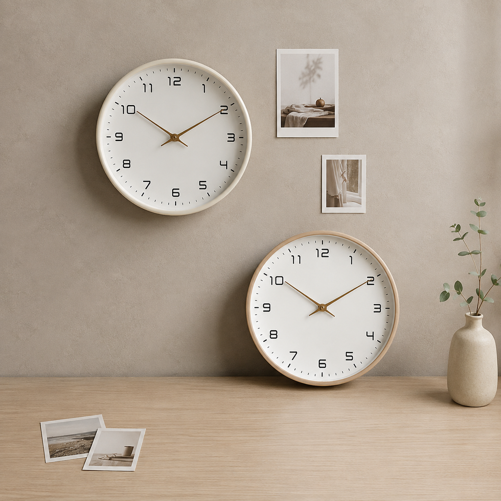 Two minimalist wall clocks arranged above a pale oak desk