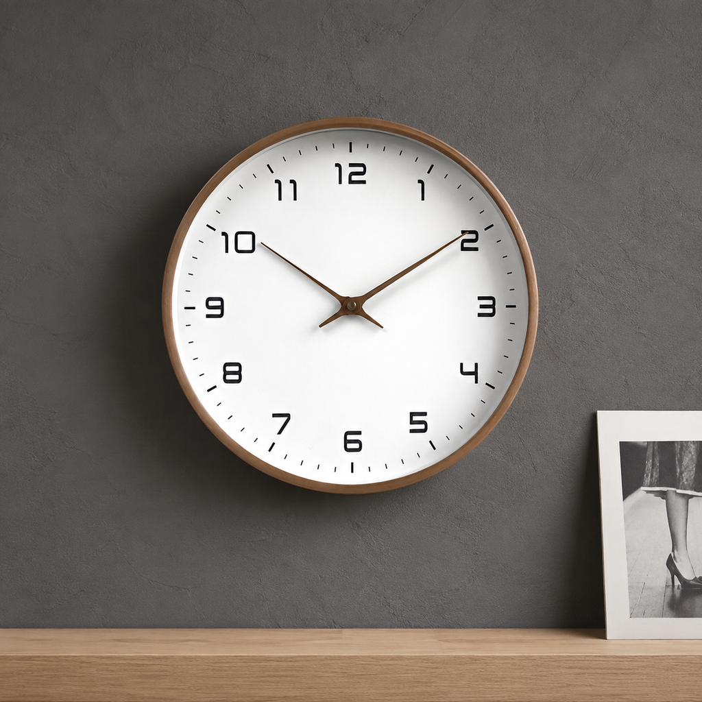 Brown wood frame wall clock mounted on a deep gray plaster wall