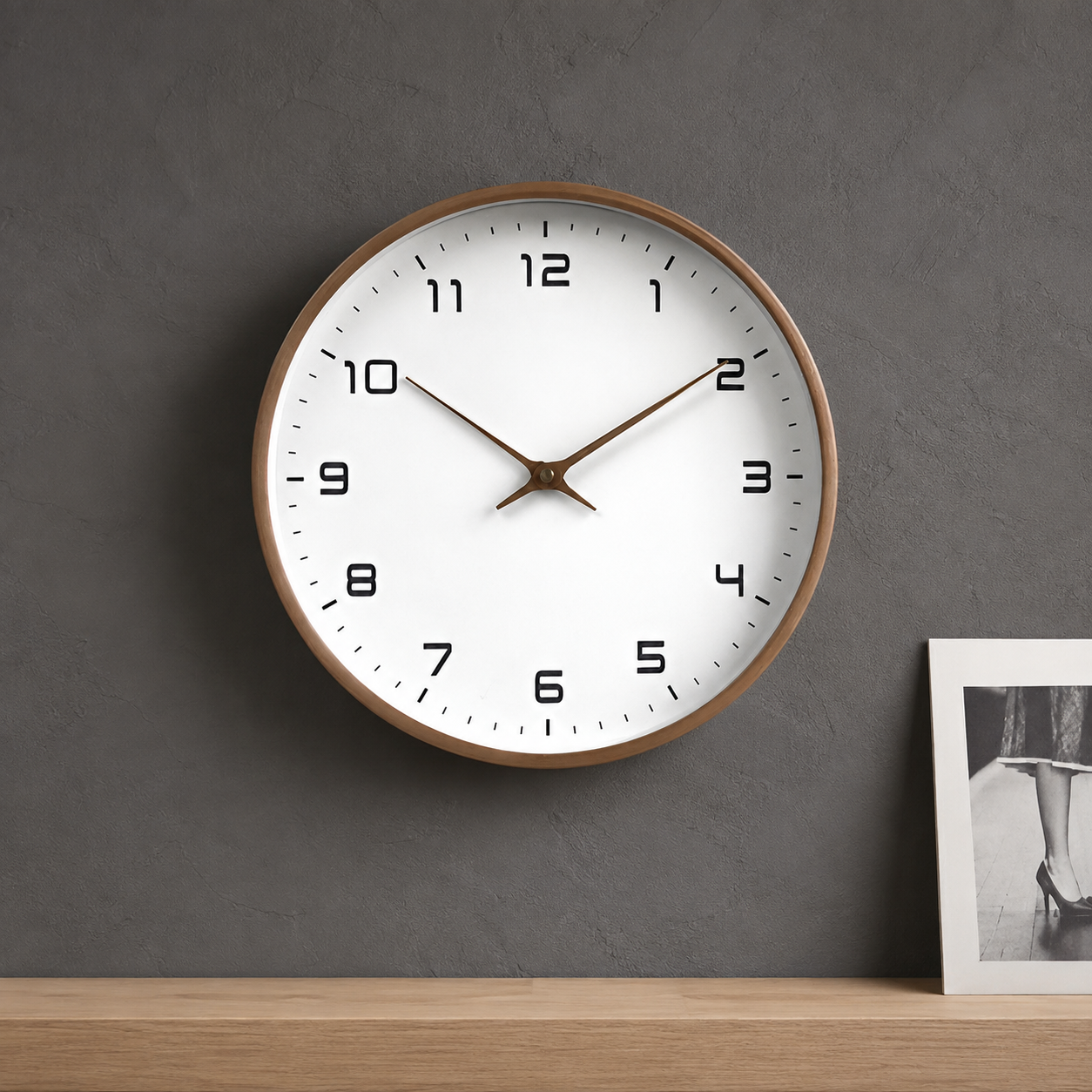 Brown wood frame wall clock mounted on a deep gray plaster wall