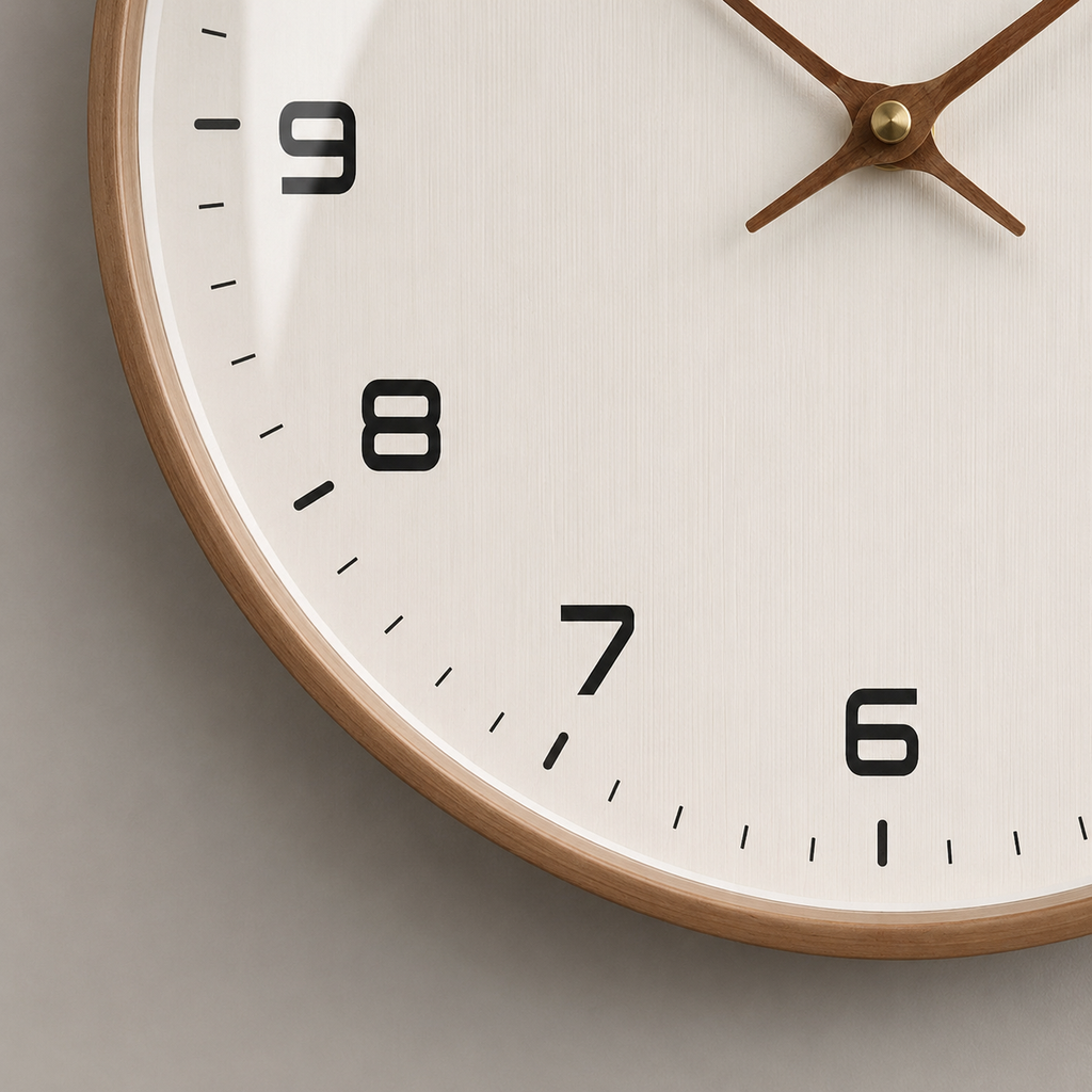 Macro detail of the wall clock numerals, minute marks and wood rim