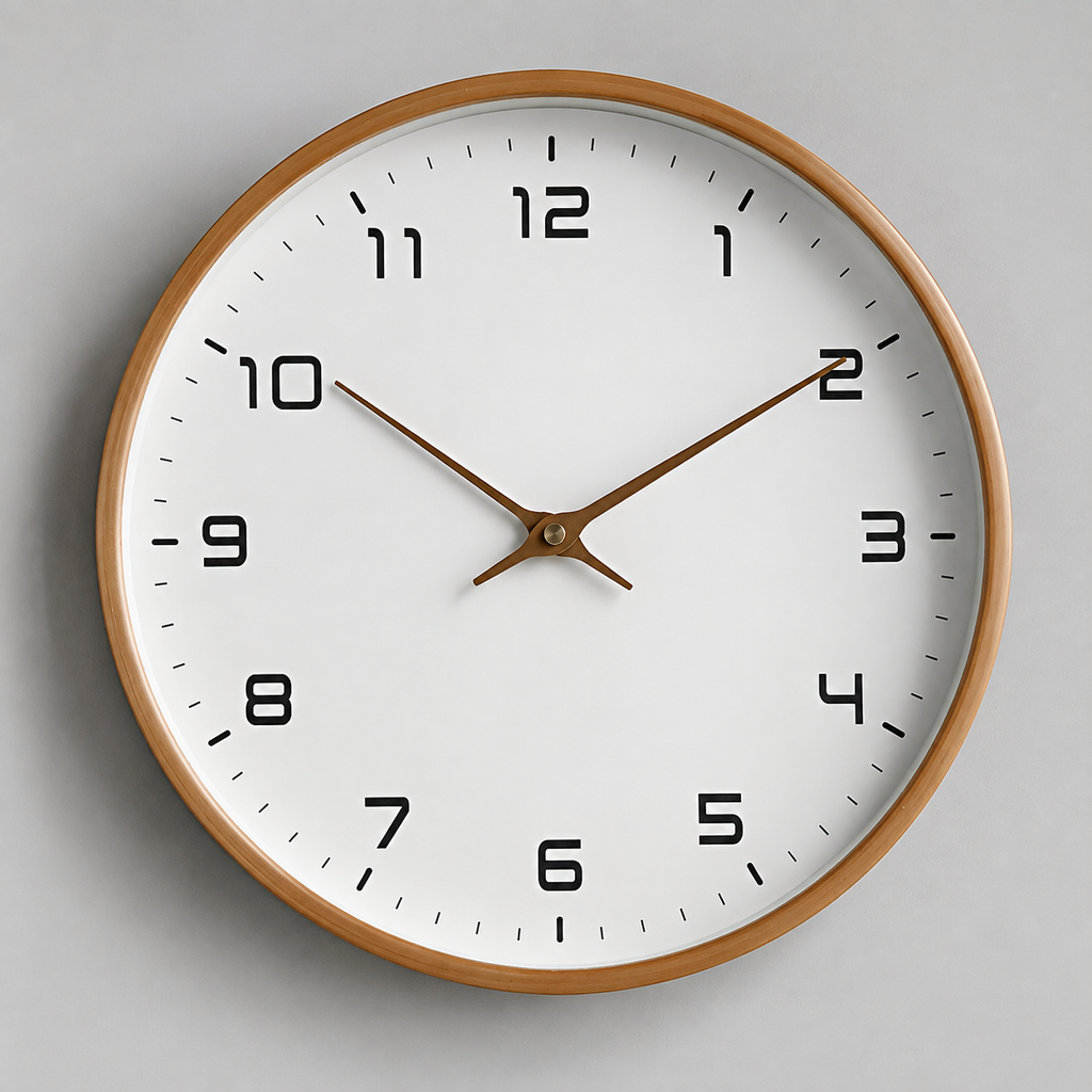 Brown wood frame wall clock centered on a neutral gray studio wall