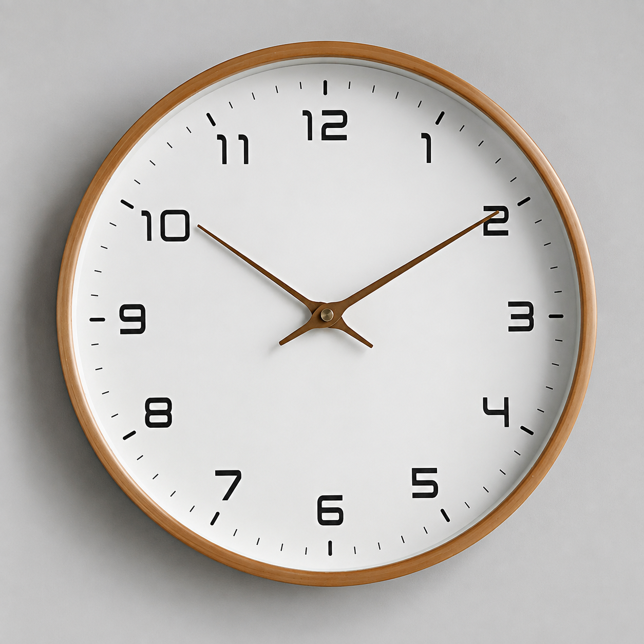 Brown wood frame wall clock centered on a neutral gray studio wall