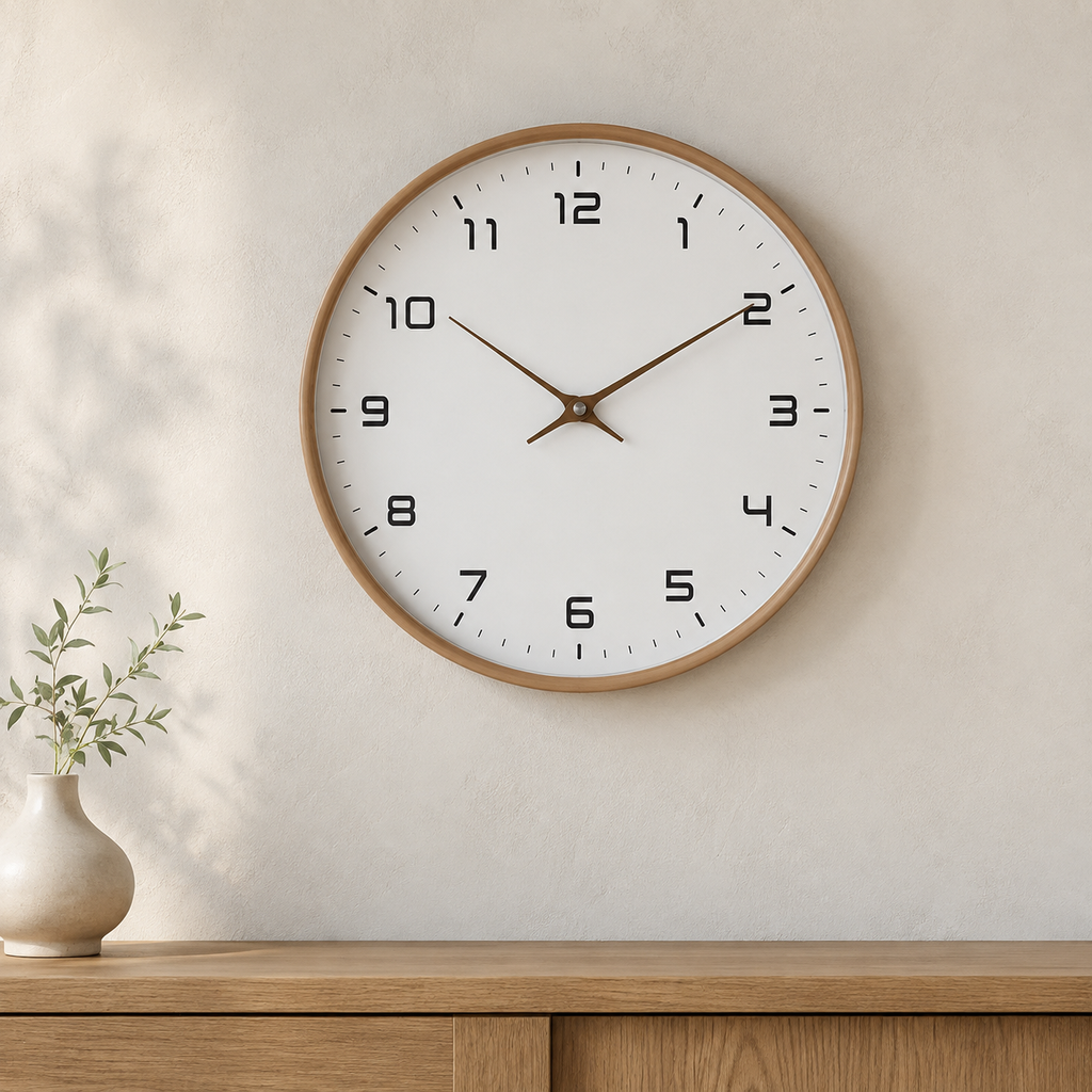 Brown wood frame silent quartz wall clock on a warm neutral wall