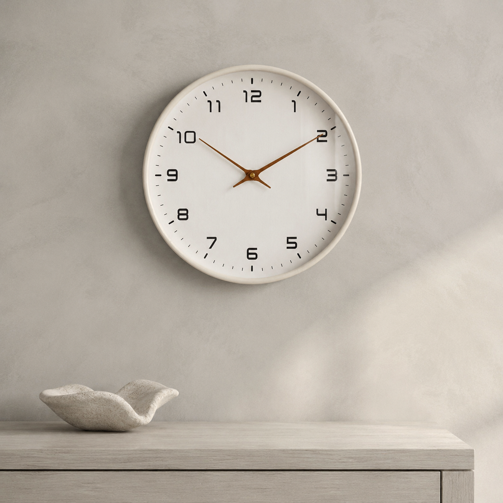 Cream frame silent quartz wall clock in a minimalist interior