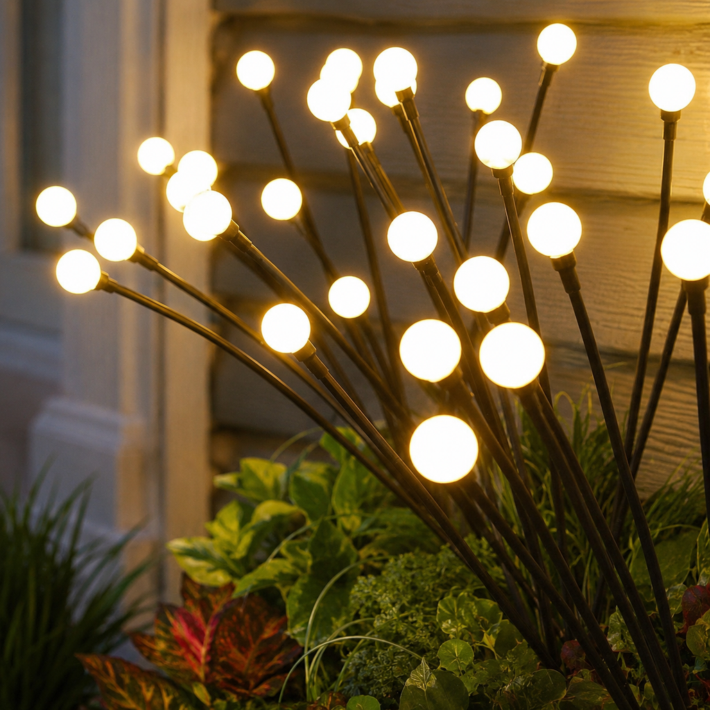 Solar garden light clusters glowing warm white beside an American front porch
